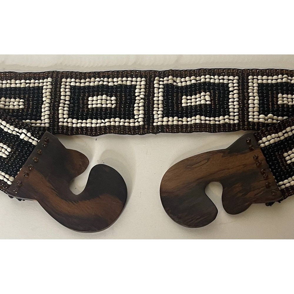 Boho Beaded Stretch Belt Brown White interlocking Wood Buckle Elastic Waist 27" - Picture 4 of 6